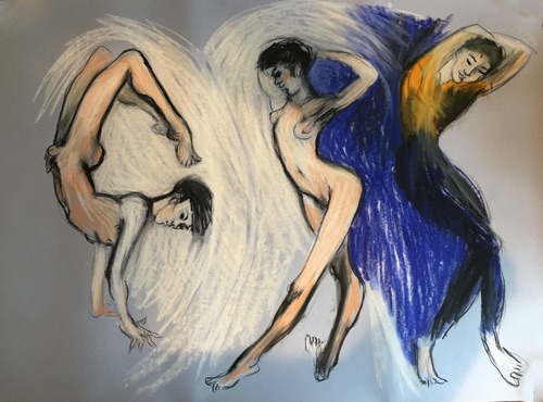 Trio of dancers - 
Life drawing in Caran D'Ache oil pencils
(Ref 23)
